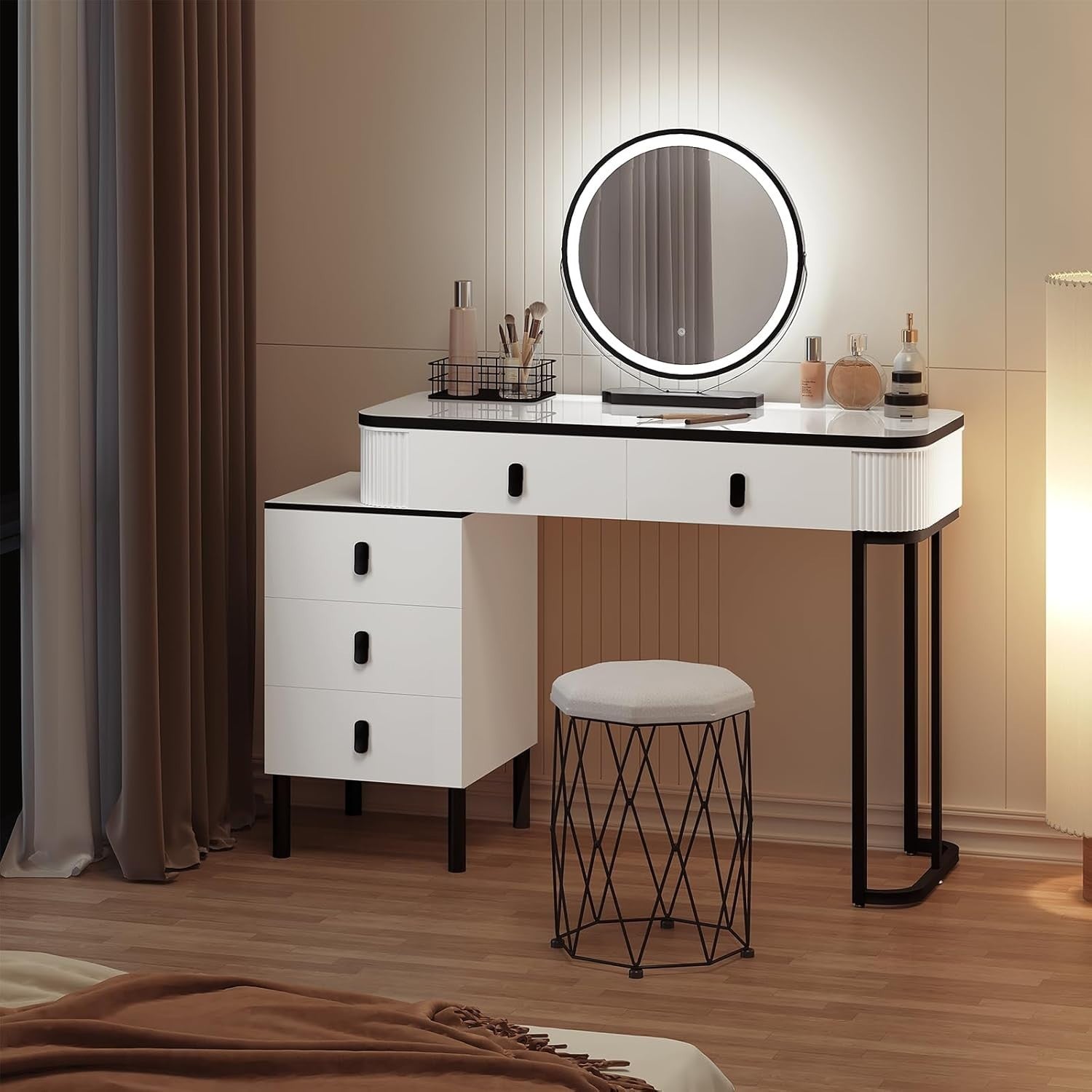 Dressing Table Stool Mirror Light Vanity Set White Makeup Desk Storage Drawers
