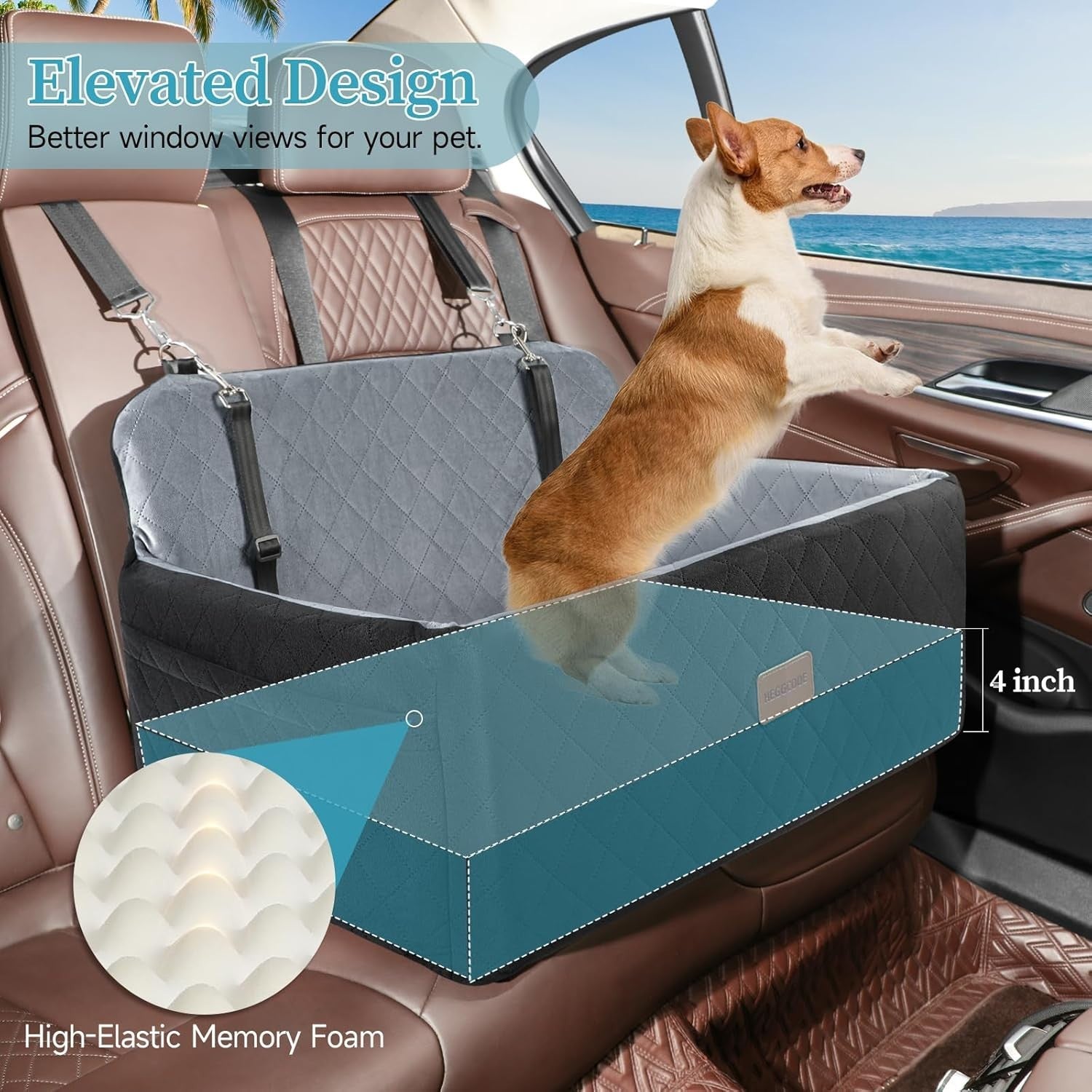 Large Dog Booster Car Seat Washable Travel Bed 55lb Black Grey