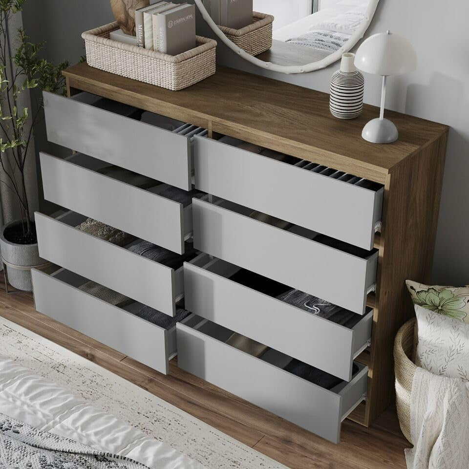 Modern Oak Grey 8 Drawer Chest Storage Cabinet Dresser for Bedroom