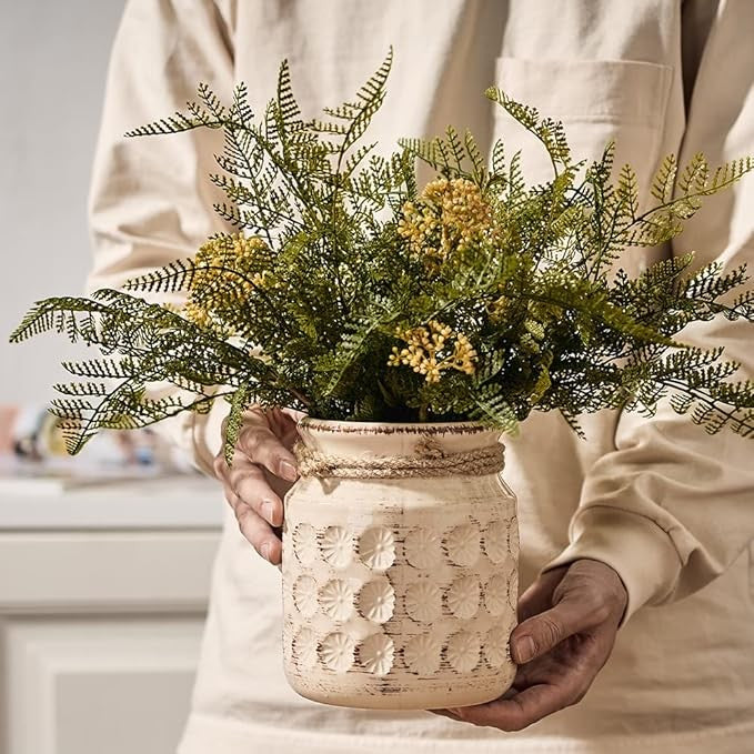 Rustic Ceramic Flower Vase 6in Cream White Farmhouse Table Shelf Decor