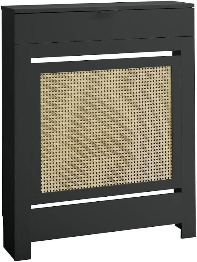 Black Radiator Cover Cabinet with Rattan Panels Storage Shelf & Drawers