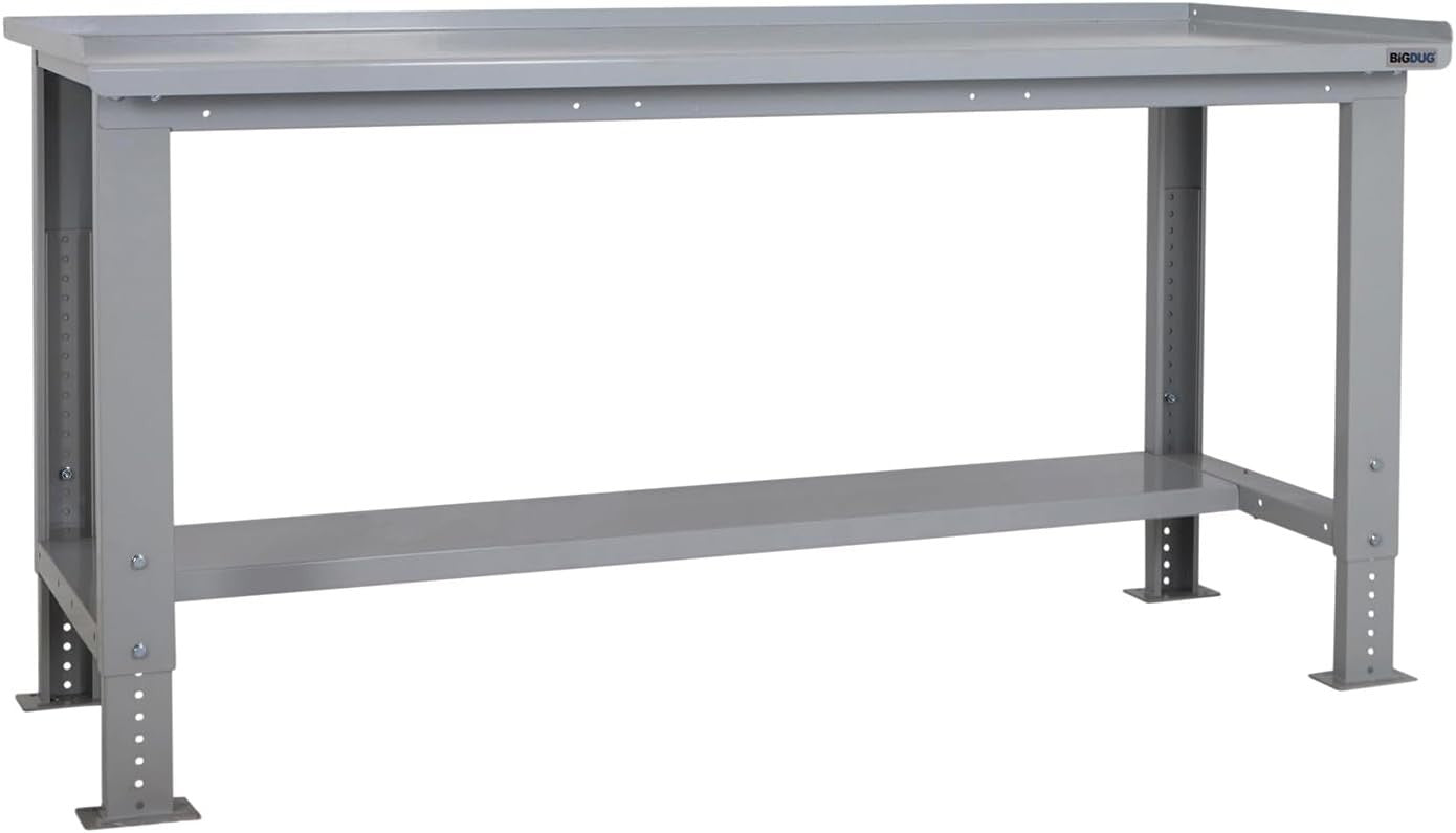 Adjustable Heavy Duty Workbench 600kg Steel Top with Shelf 1215mm Wide