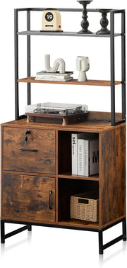 Lockable Filing Cabinet with Charging Station Printer Stand Office Brown