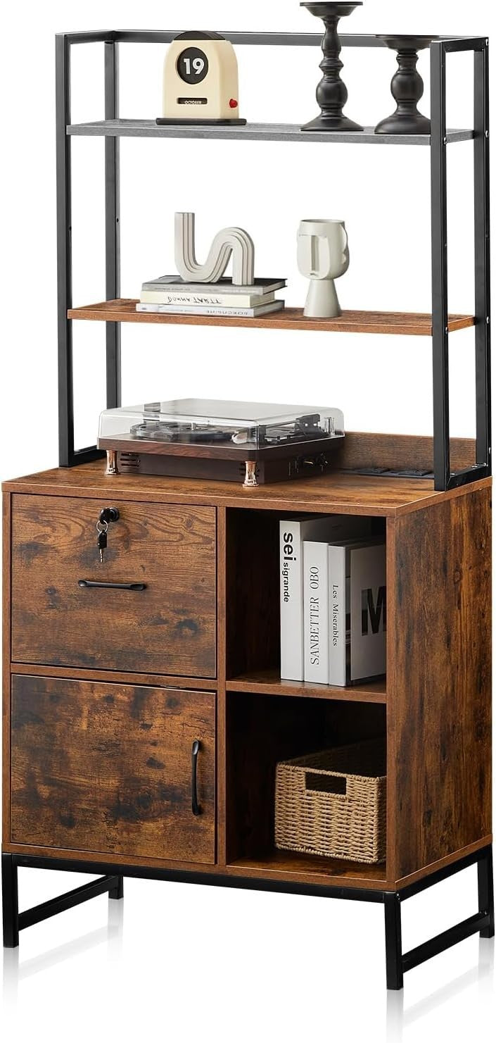 Lockable Filing Cabinet with Charging Station Printer Stand Office Brown