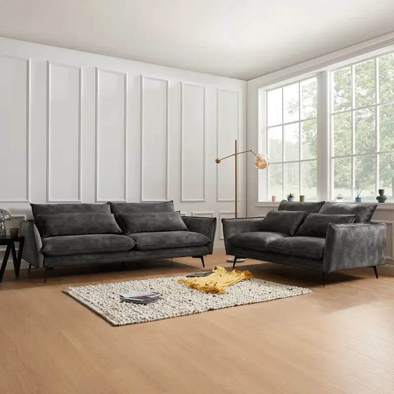 3 Seater Grey Velvet Sofa – Deep Seat Modern Sofa with Metal Legs