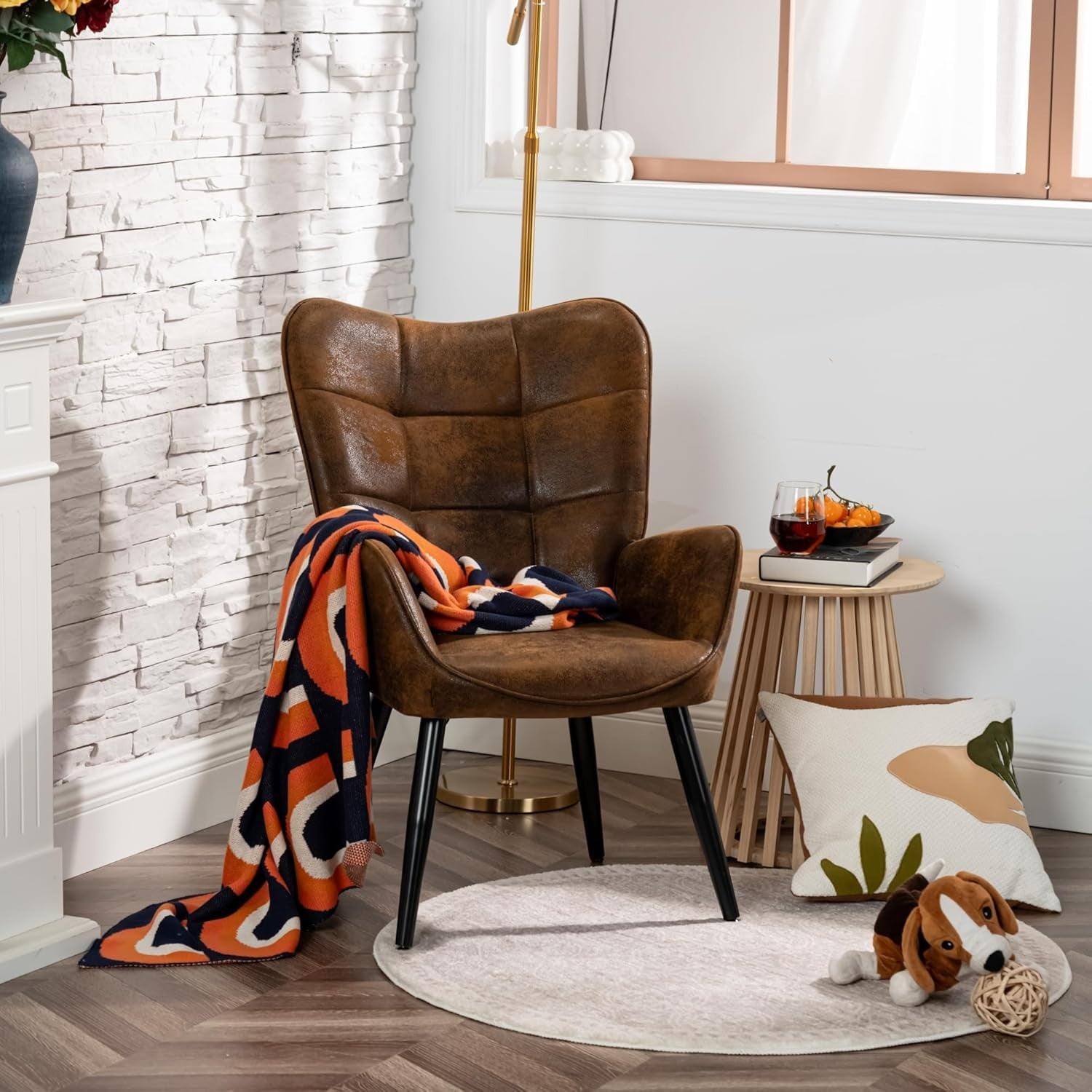 Brown Suede Wingback Accent Armchair with Padded Seat & Metal Legs