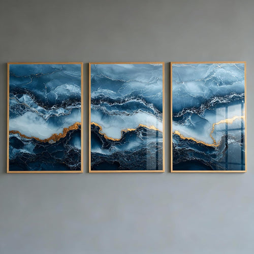 Navy Blue Gold Wall Art Set of 3 Abstract Marble Canvas Prints Unframed 40x50cm