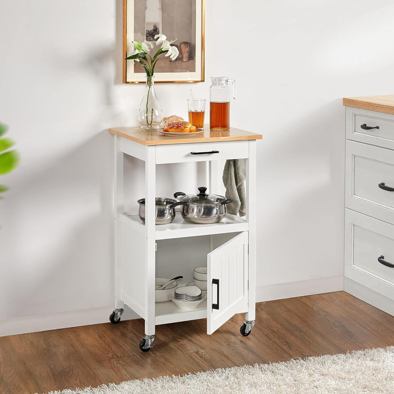 Kitchen Island Trolley on Wheels with Cabinet Drawer Hooks Rolling Serving Cart
