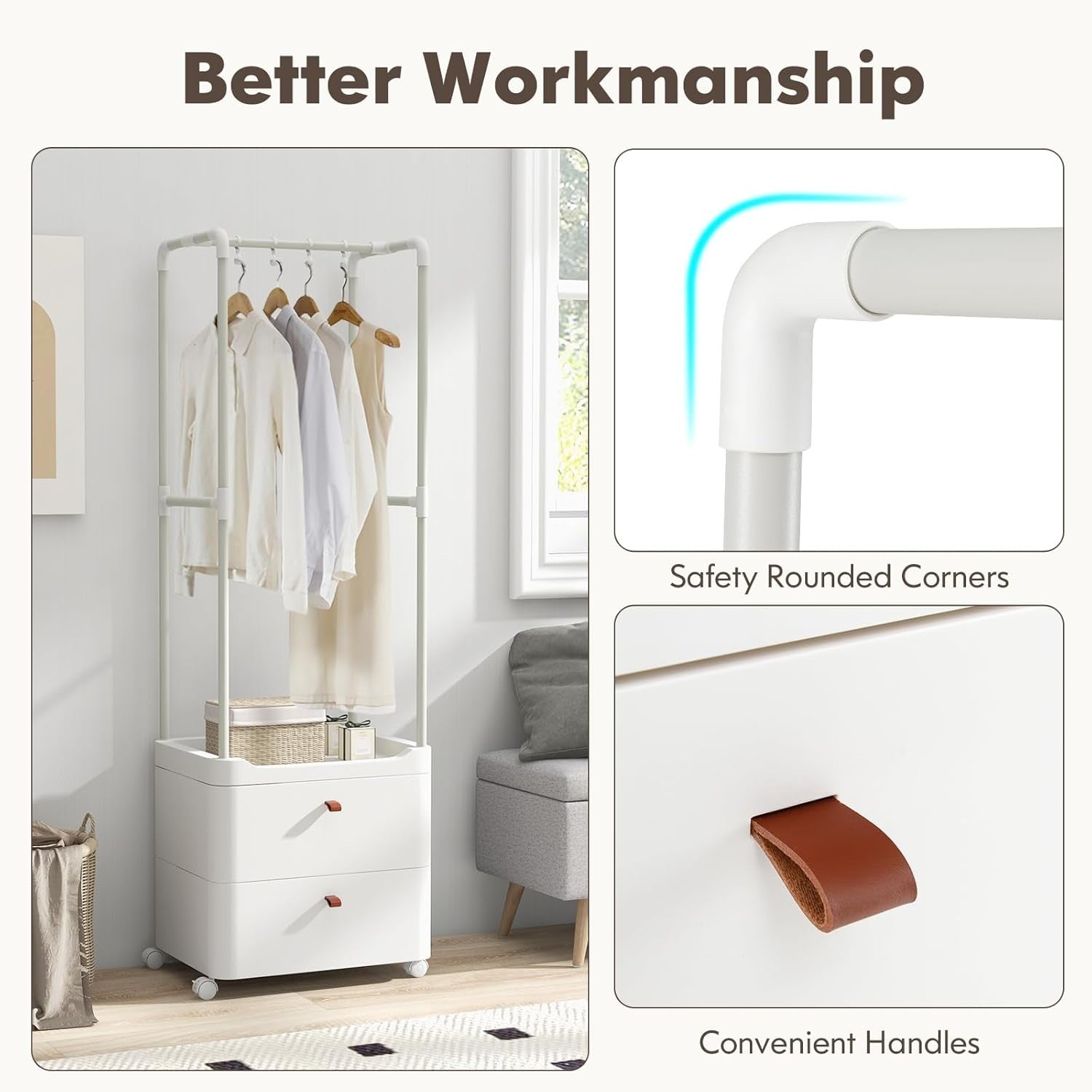 White Clothes Rail with Wheels Drawers & Hooks 160cm