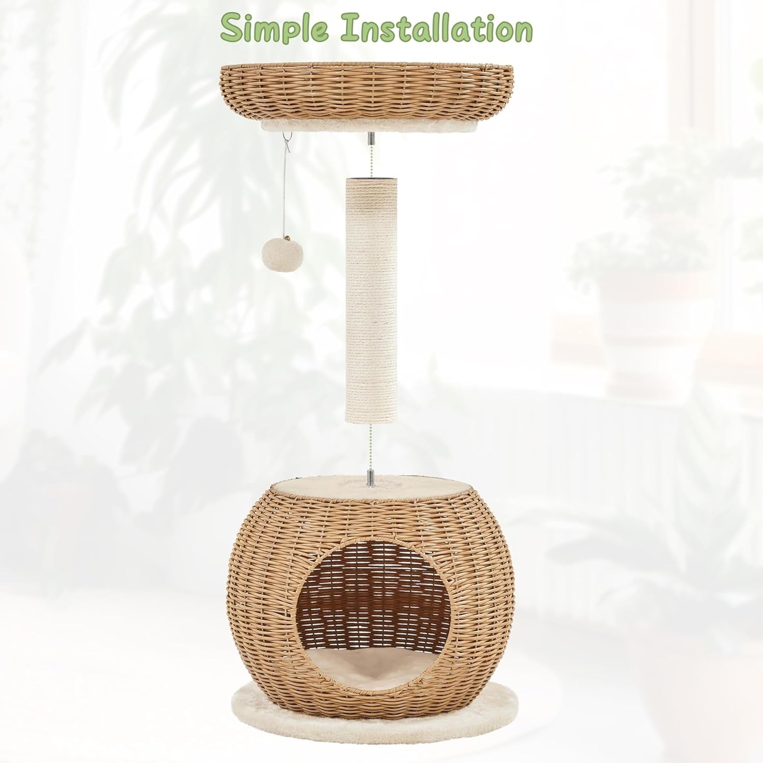 Rattan Cat Tree Tower 75cm Luxury Condo with Top Perch Scratching Post