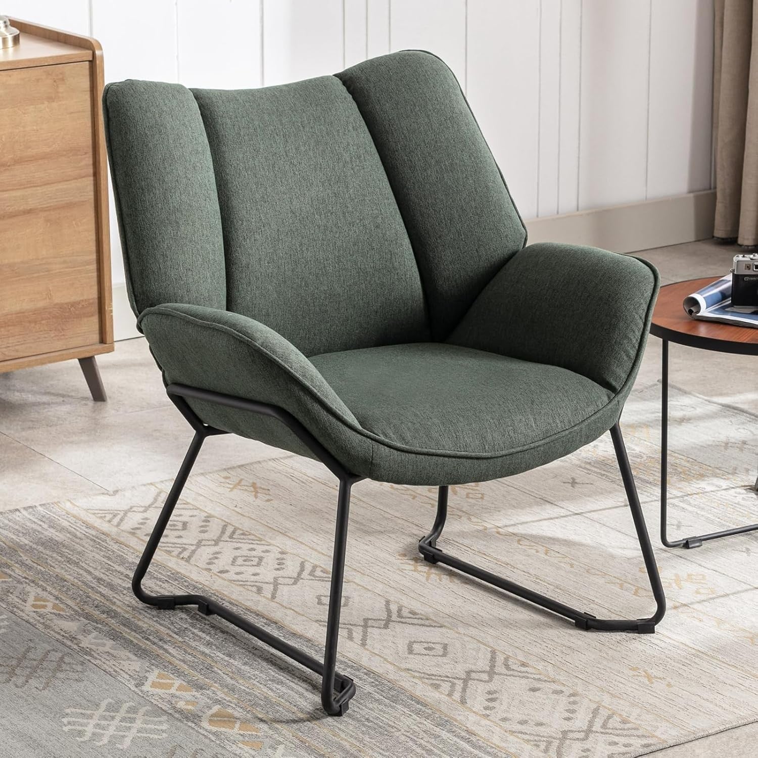 Modern Linen Upholstered Armchair Green Occasional Tub Chair with Metal Legs