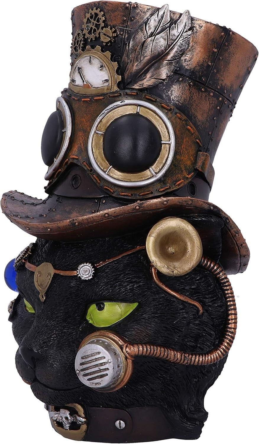 Steampunk Black Cat Head Figurine 28.8cm Gothic Resin Clockwork Decor Statue