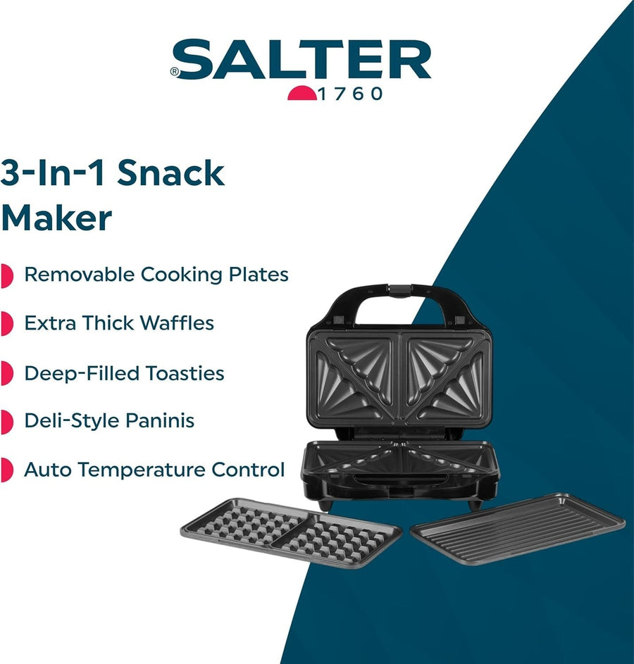3 in 1 Snack Maker 900W Deep Fill Waffle Panini 26.4cm