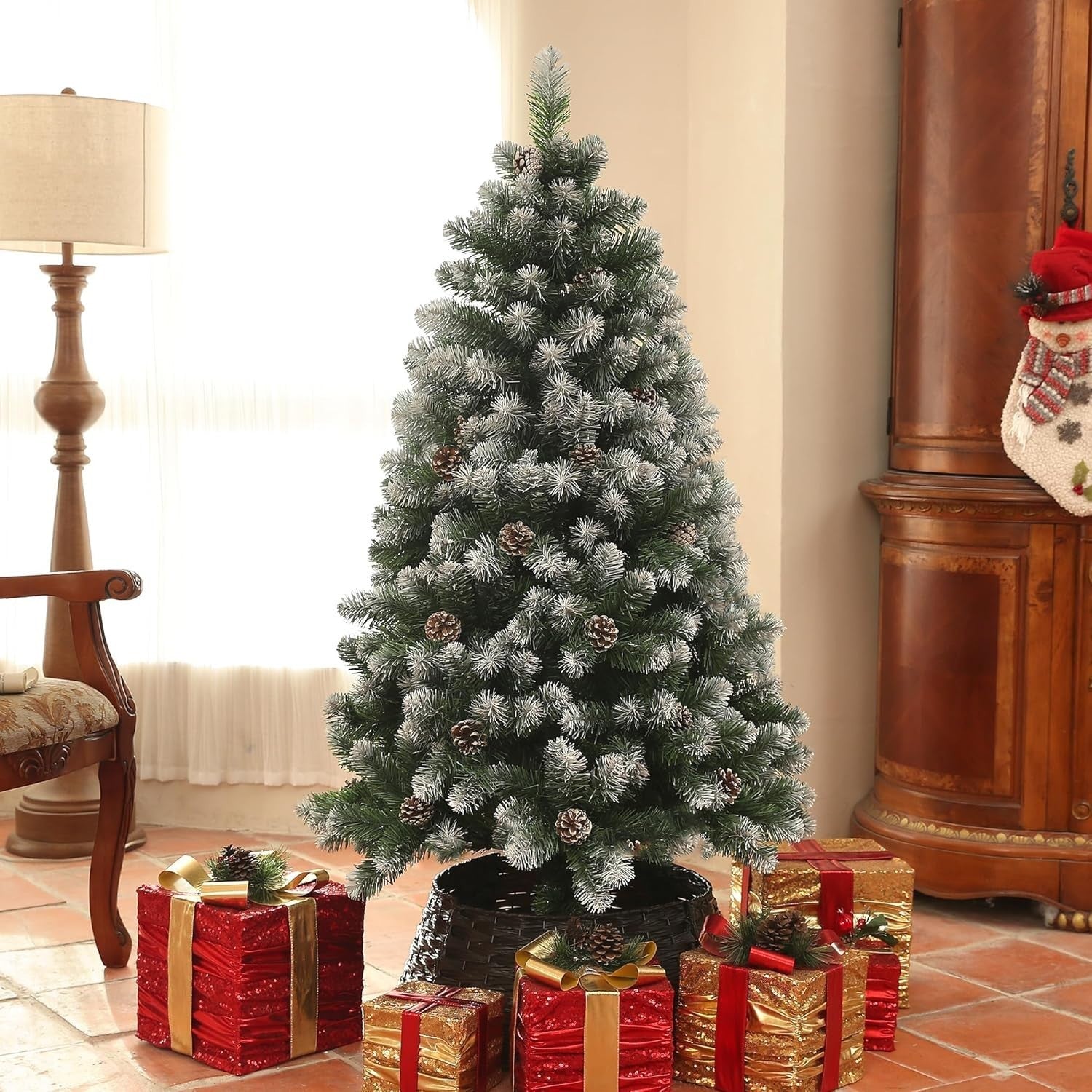 150cm Snow Dipped Pine Xmas Tree with Pinecones Hinged Branch Steel Base Decor