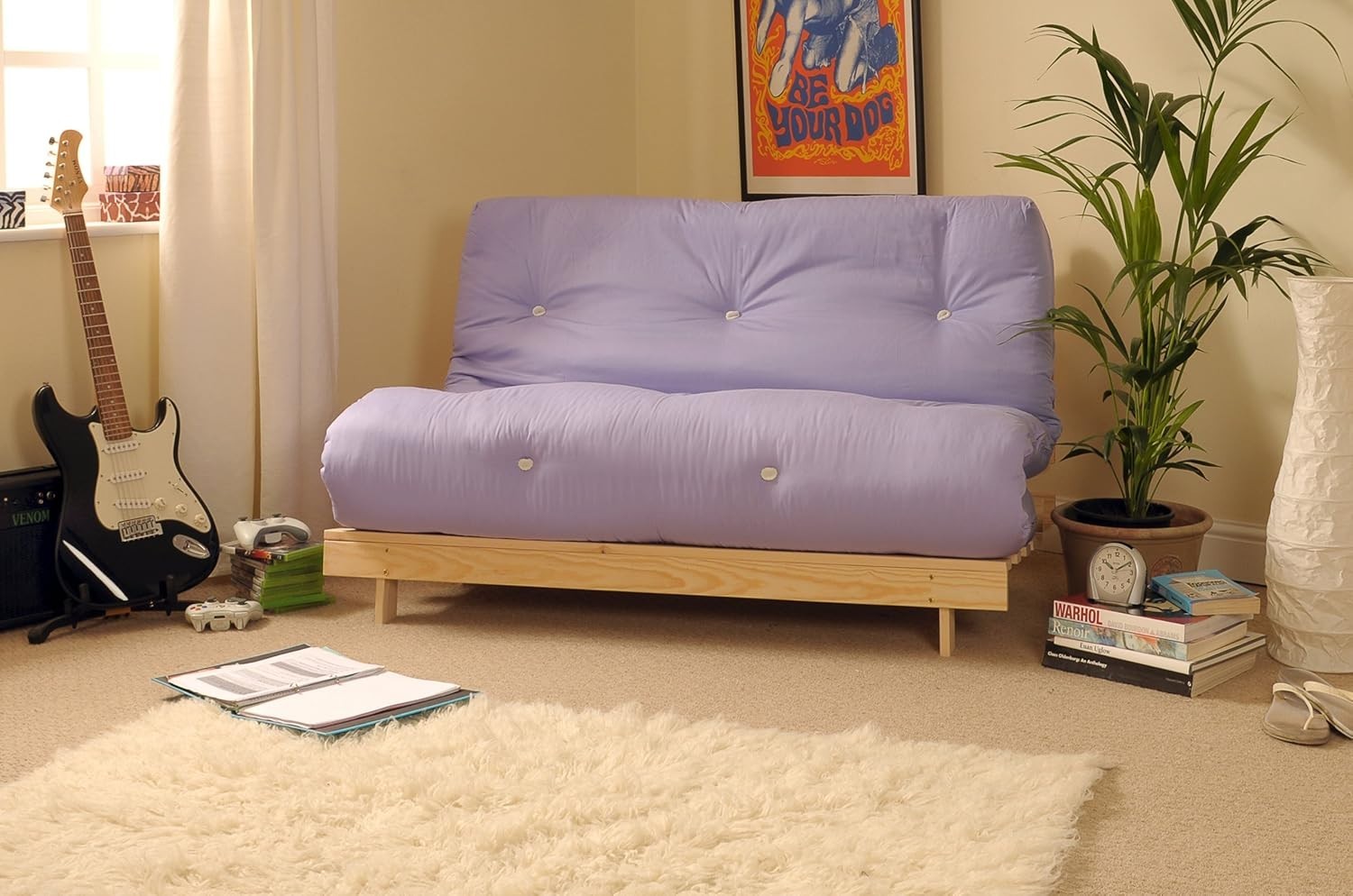 Small Double Wooden Futon Sofa Bed 4ft Tufted Cotton Mattress Purple