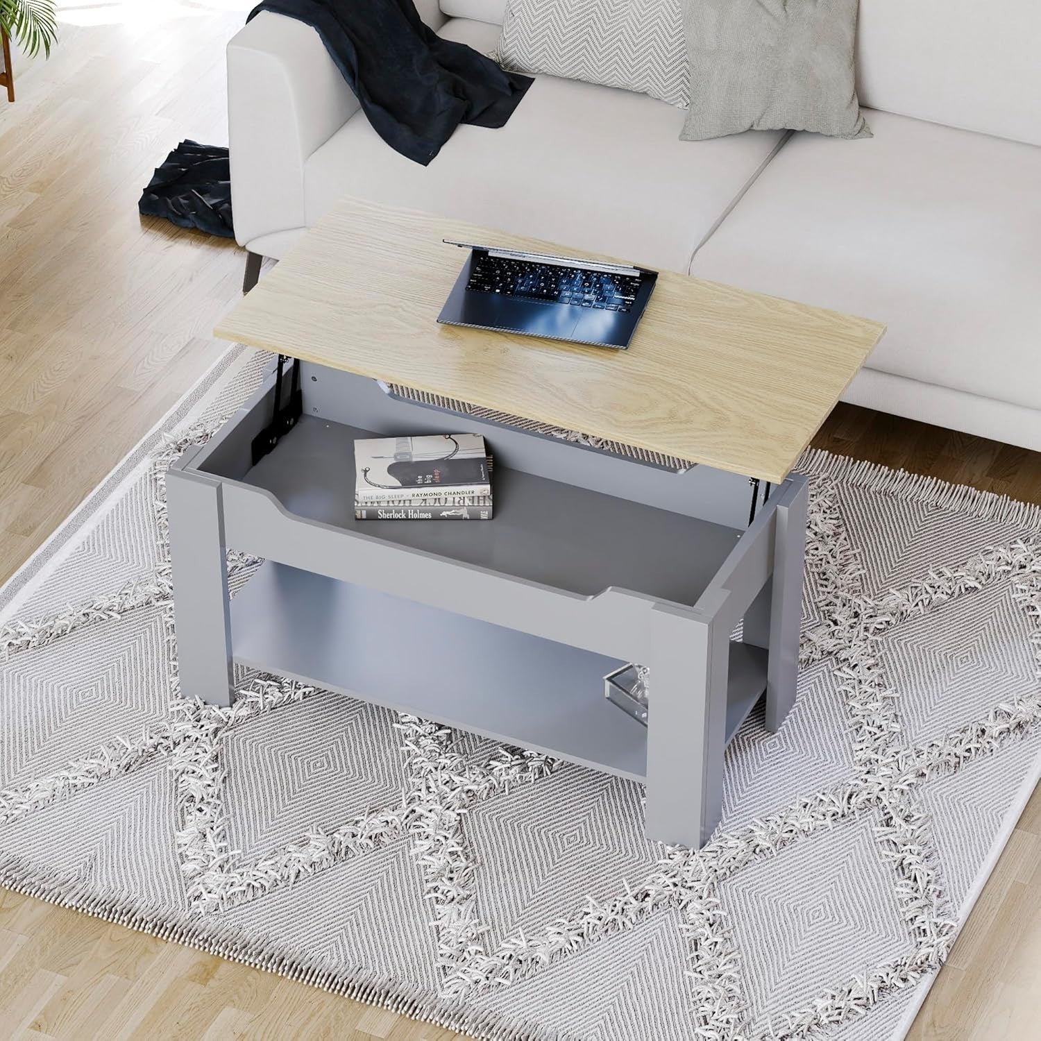 Lift-Up Coffee Table with Hidden Storage & Shelf 100x48x48-60cm Oak Grey
