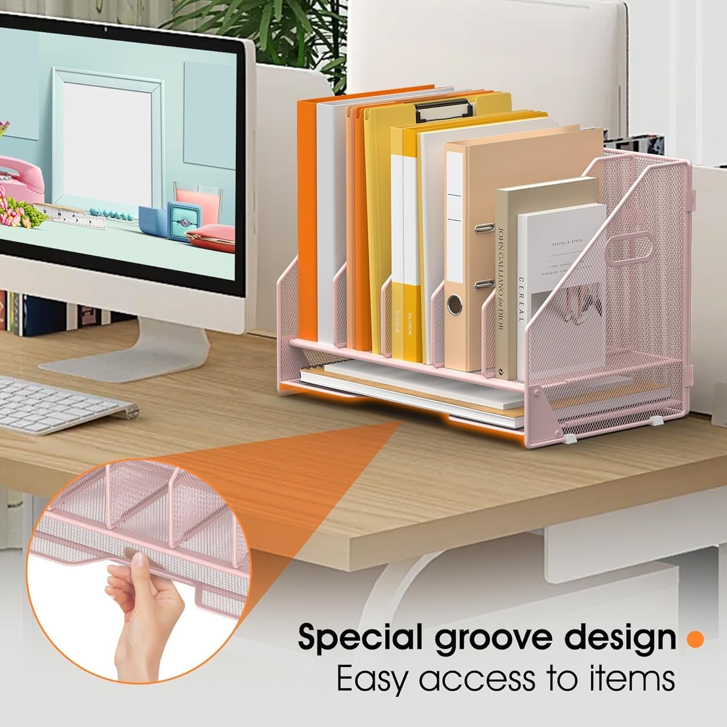 5-Tier Desktop File Organizer Rack | Adjustable Vertical Compartments, Pink