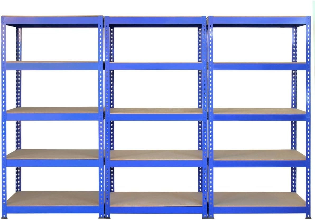 3 Q-Rax Blue Shelving Units + 120cm Workbench Heavy Duty 200kg Shelves