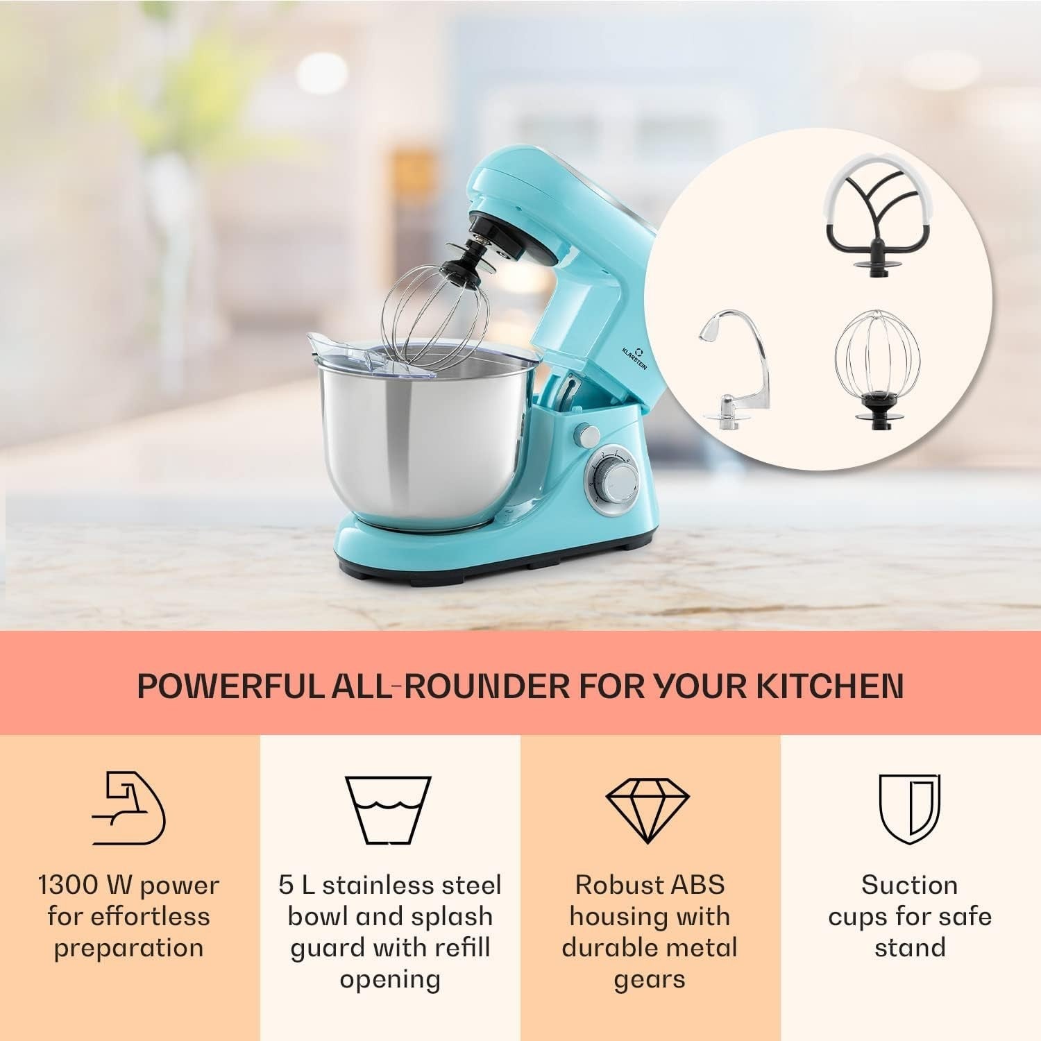 5L Stand Mixer 1300W Planetary Mixer 6 Speeds w/ Pulse Function Blue