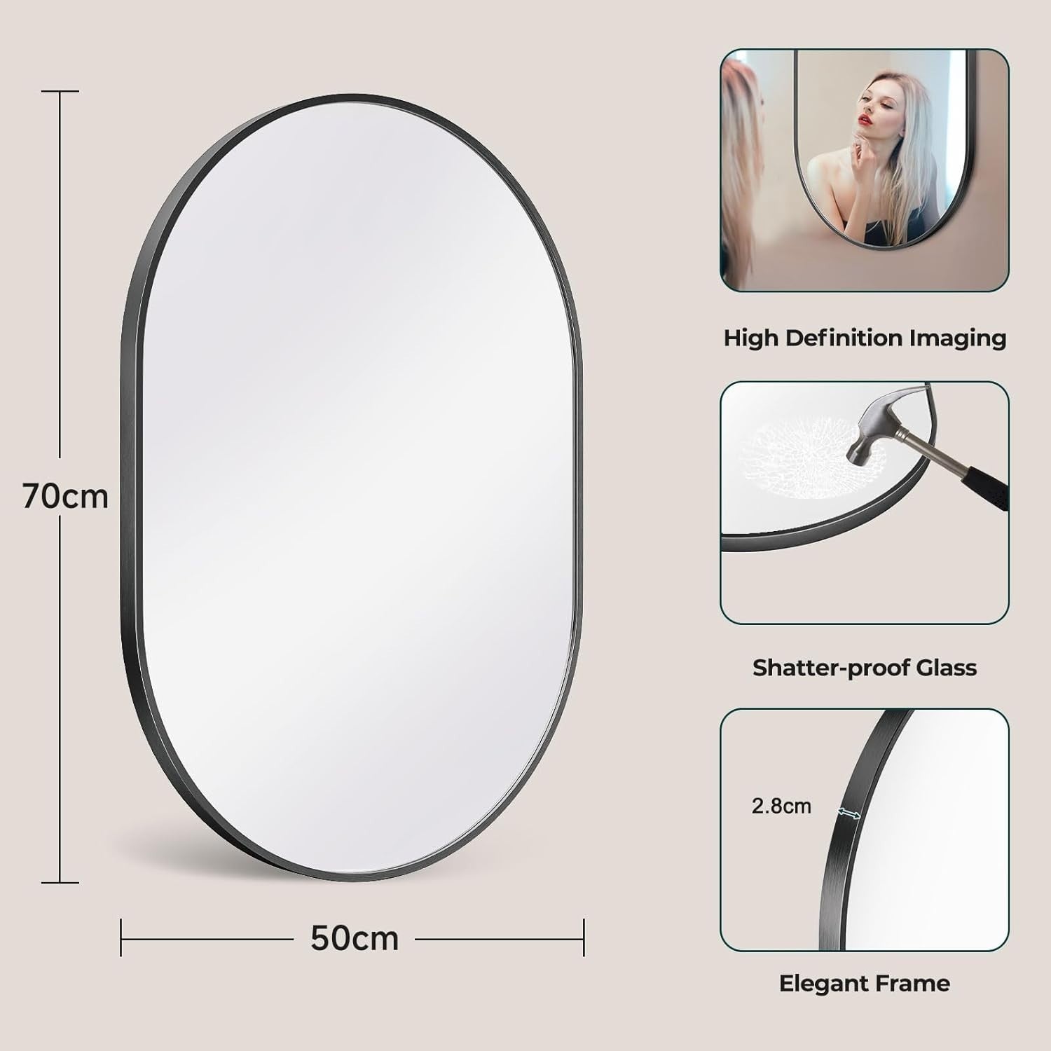 Oval Wall Mirror 50x70cm | Bathroom, Bedroom, Entryway | Durable Metal Frame