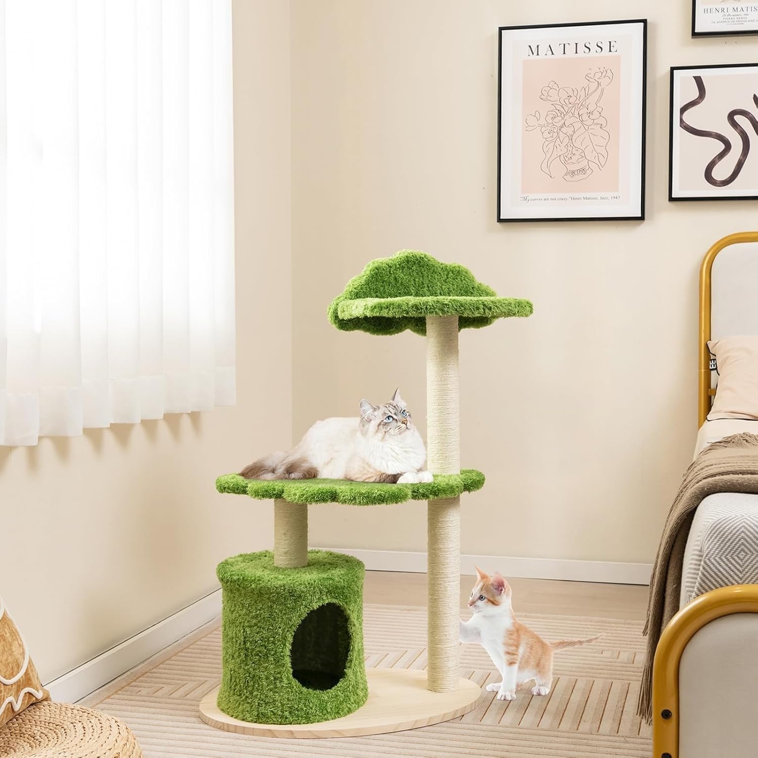Wooden Cat Tree with Condo Top Perch Scratching Posts Indoor Kitten Tower