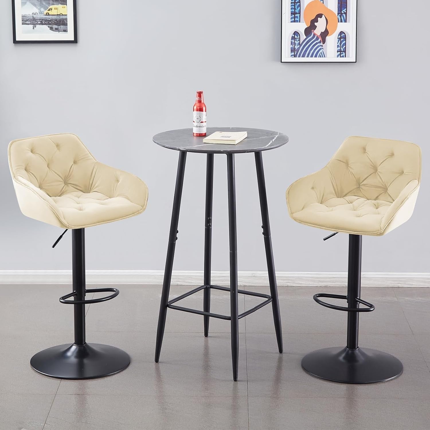 2 Beige Velvet Bar Stools Adjustable 360° Swivel Kitchen Chairs