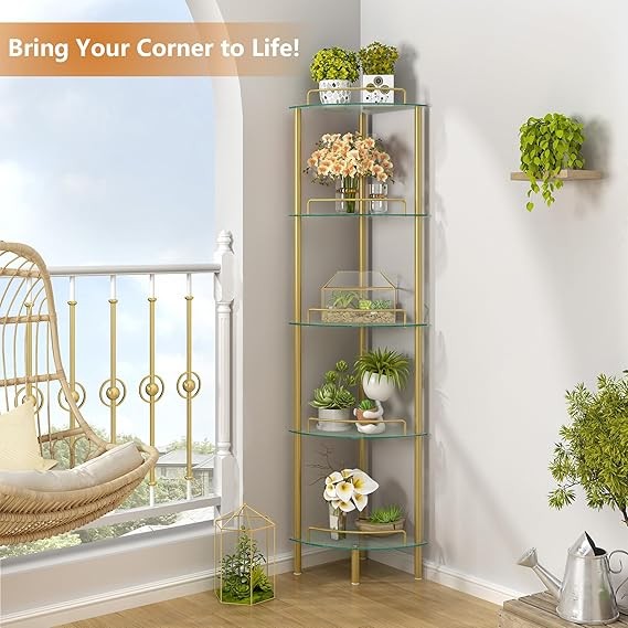 Gold Corner Shelf Unit – 5-Tier Glass Display Stand for Living Room & Bedroom