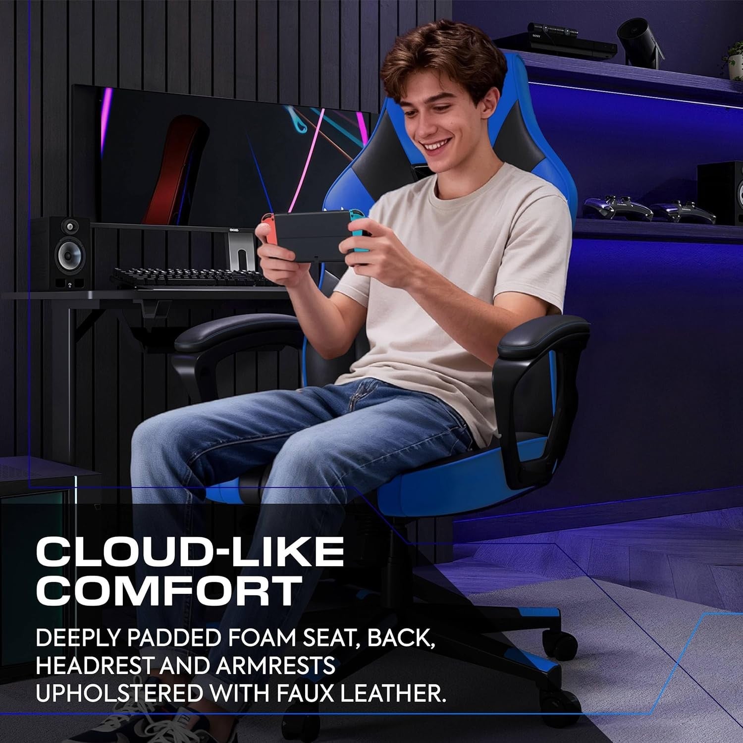 Ergonomic Gaming Chair High Back Wide Seat Blue