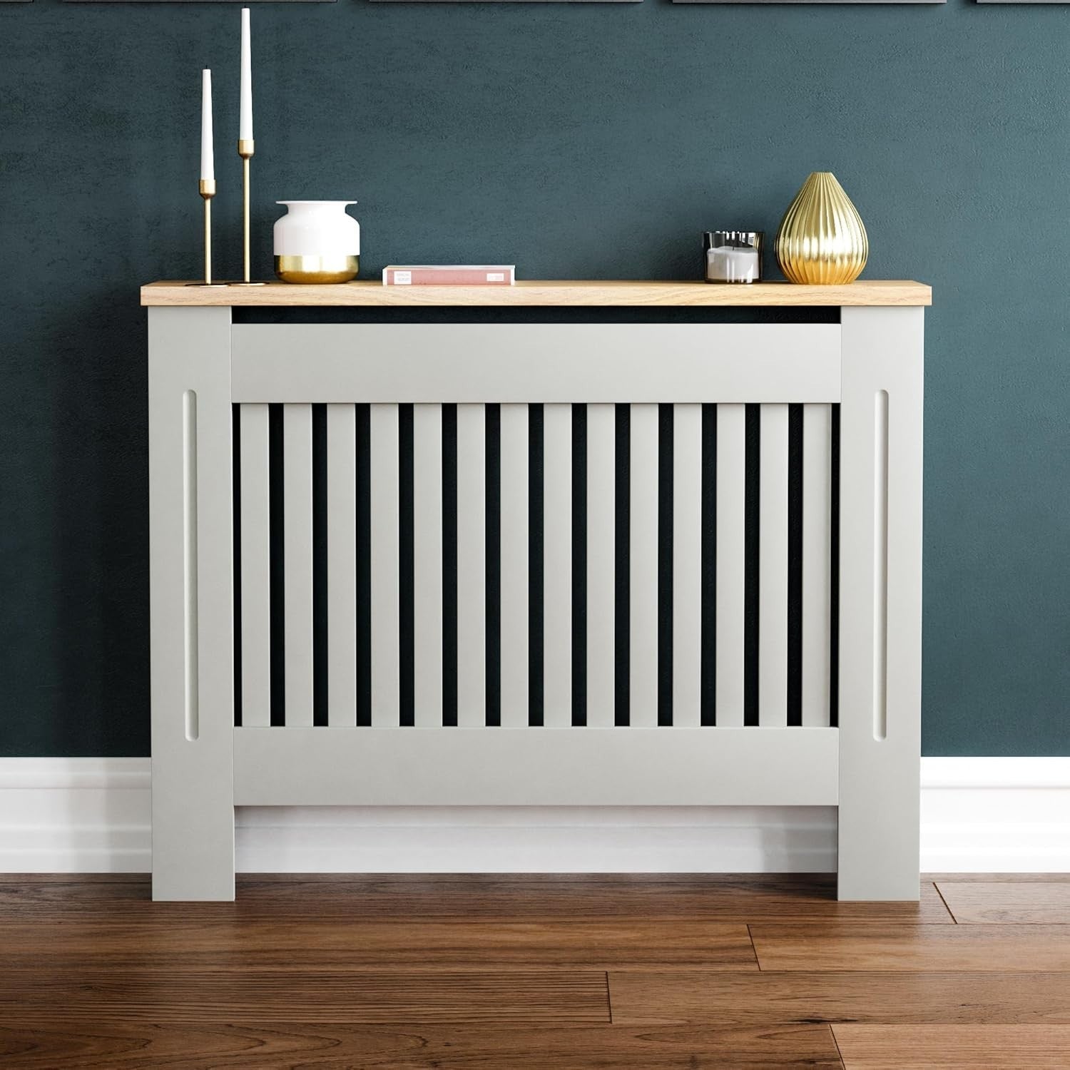 Medium Olive Grey Radiator Cover Cabinet MDF Slatted Grill with Wood Top Shelf