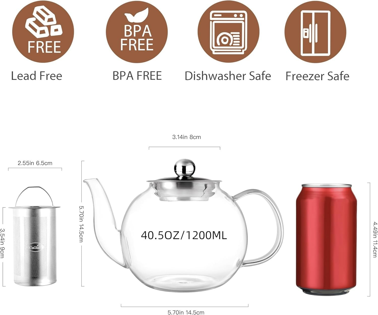 1200ml Glass Teapot with Infuser Stovetop Safe Loose Leaf Tea Maker