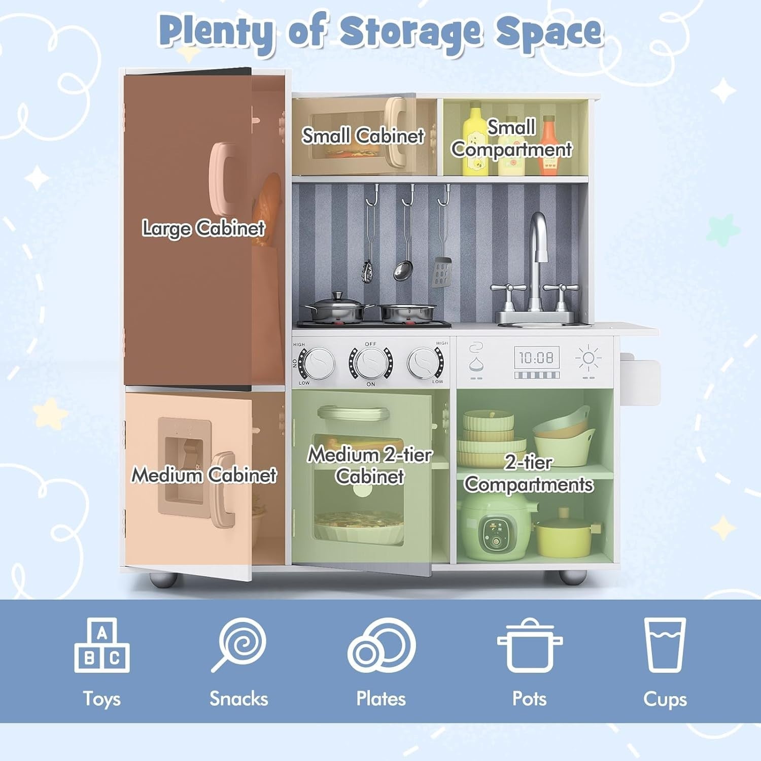 Kids Wooden Play Kitchen Lights Sounds Water Dispenser White Silver