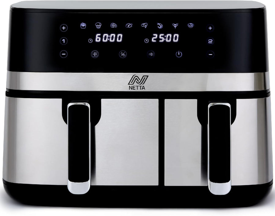 9L Dual Basket Air Fryer 2700W Digital Touch 80-200°C 60min Timer XL Black