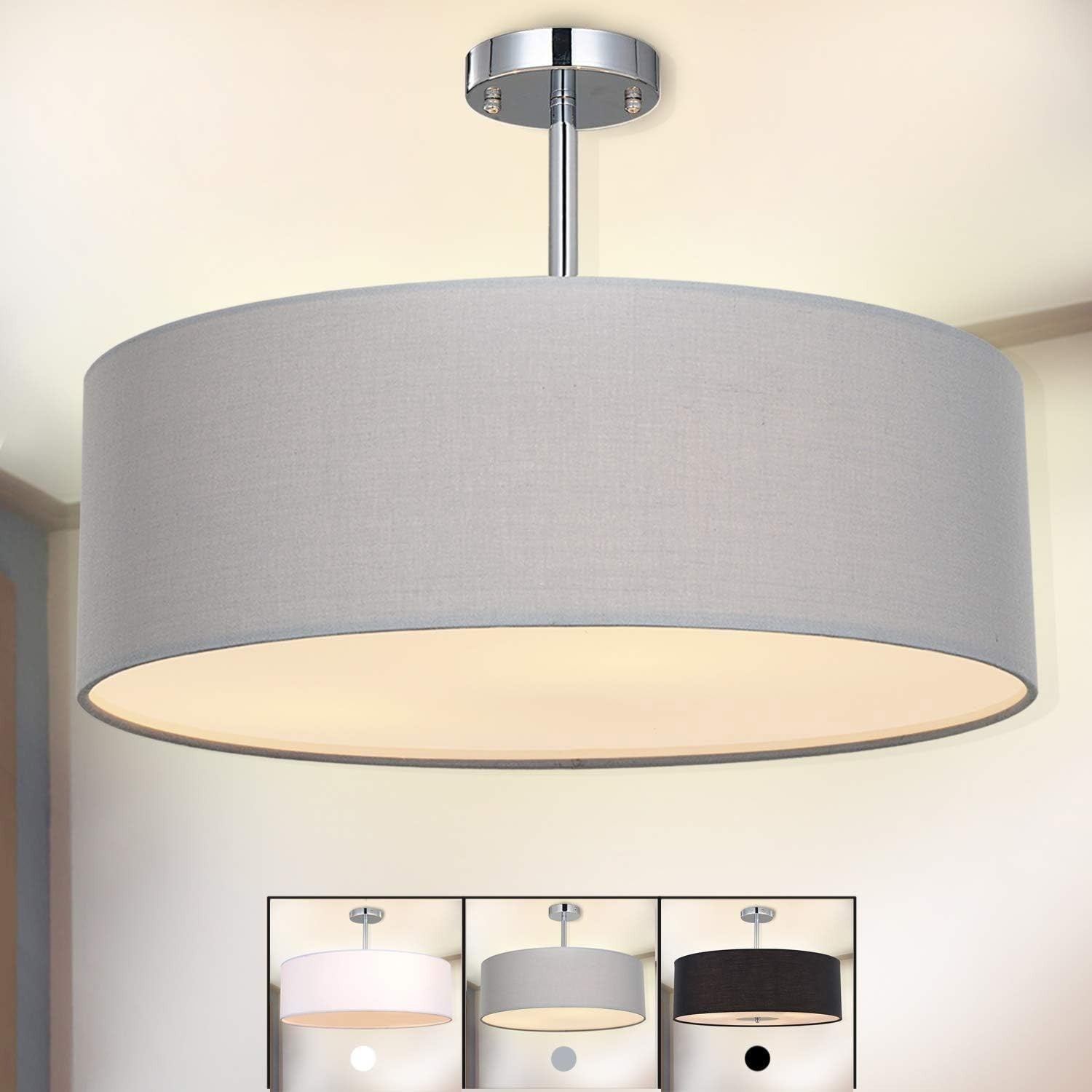 Large Grey Drum Ceiling Light Fabric Pendant 3x E27 Modern 46cm