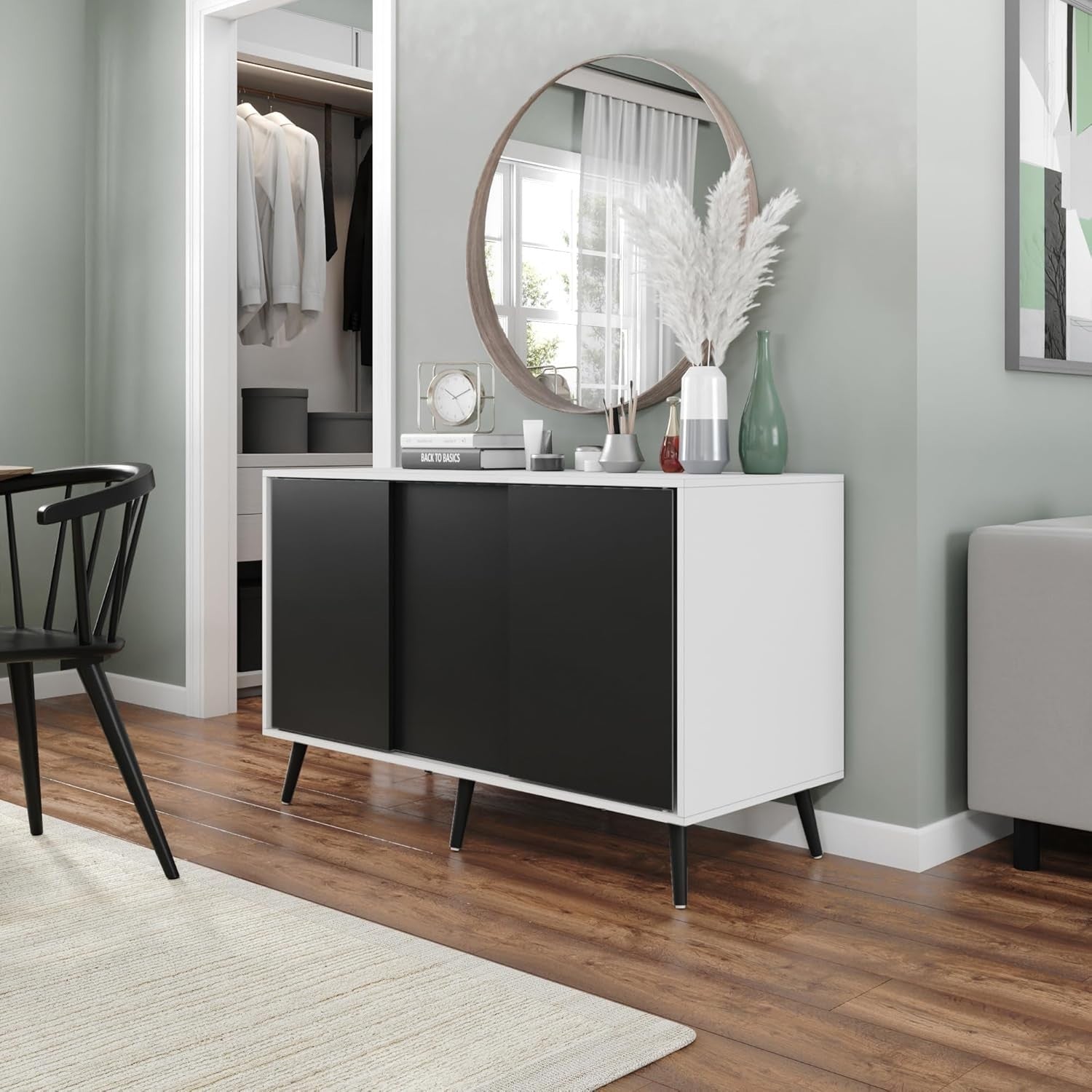 Modern 3-Door Sideboard Cabinet with Sliding Doors & Black Legs