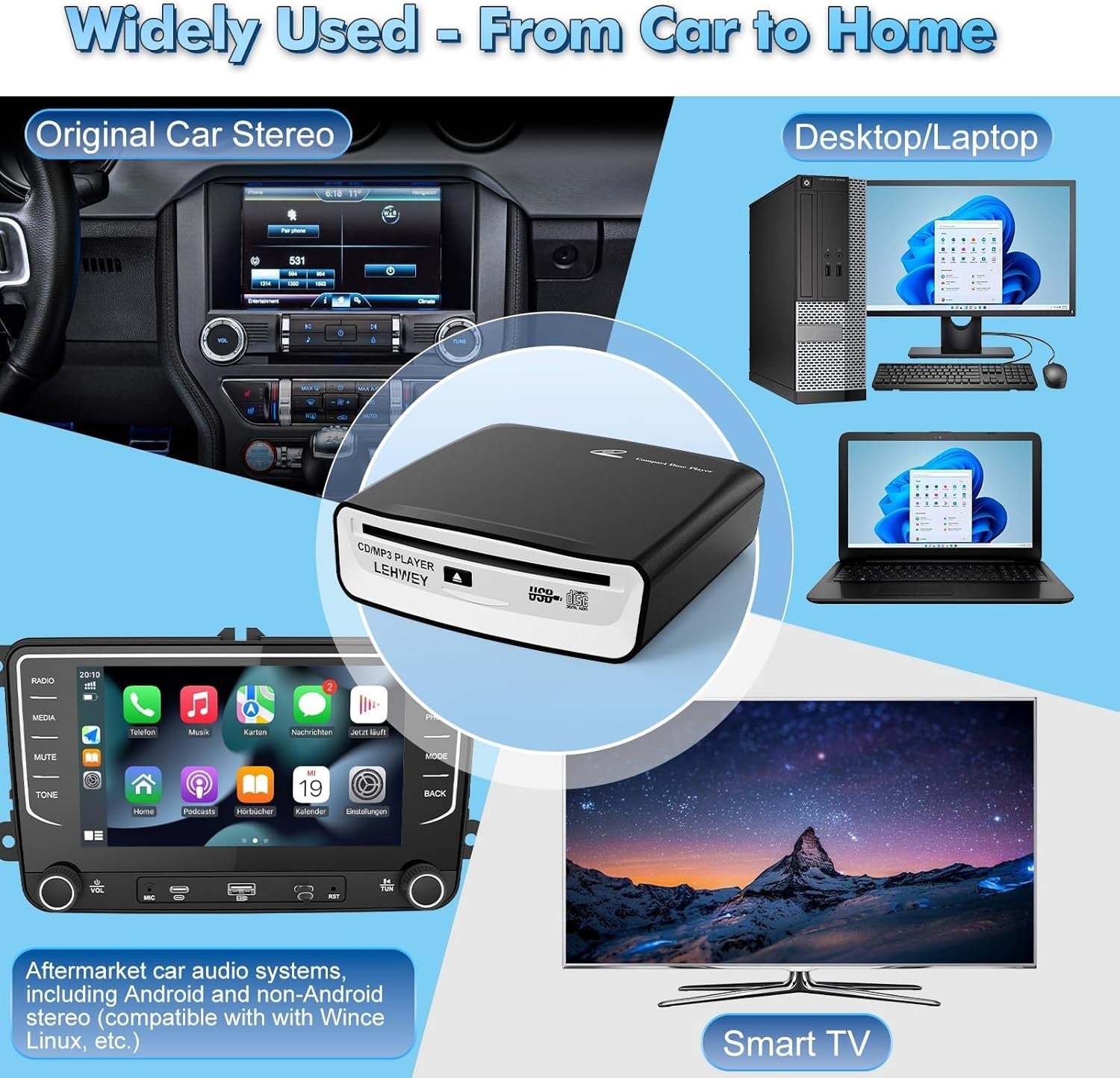 External Car CD Player USB Plug Play Portable Anti Skip Remote