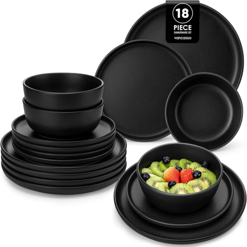 18pc Black Stoneware Dinner Set Matte Glaze Plates Bowls Microwave Safe