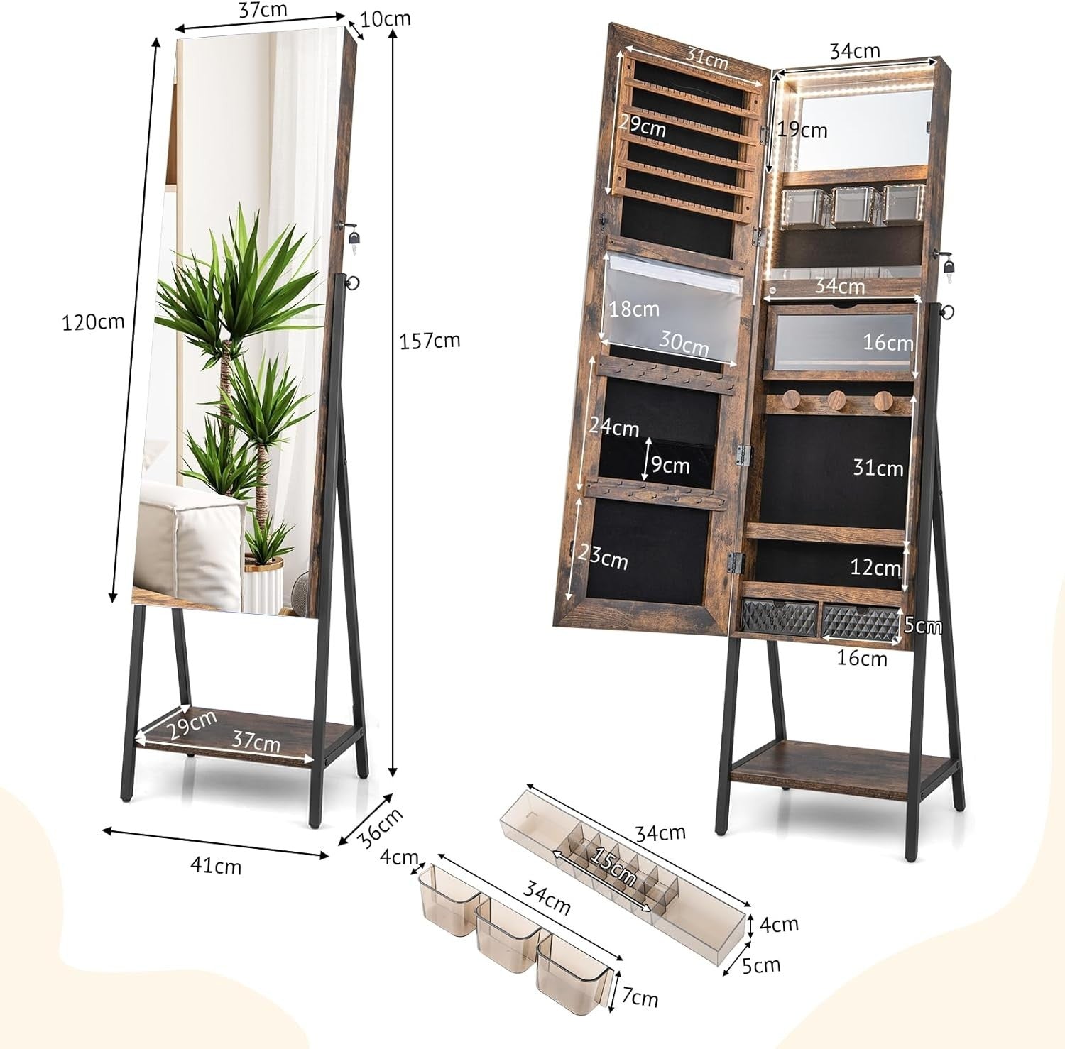 Rustic Brown LED Jewelry Cabinet Mirror Lockable Full Length Storage