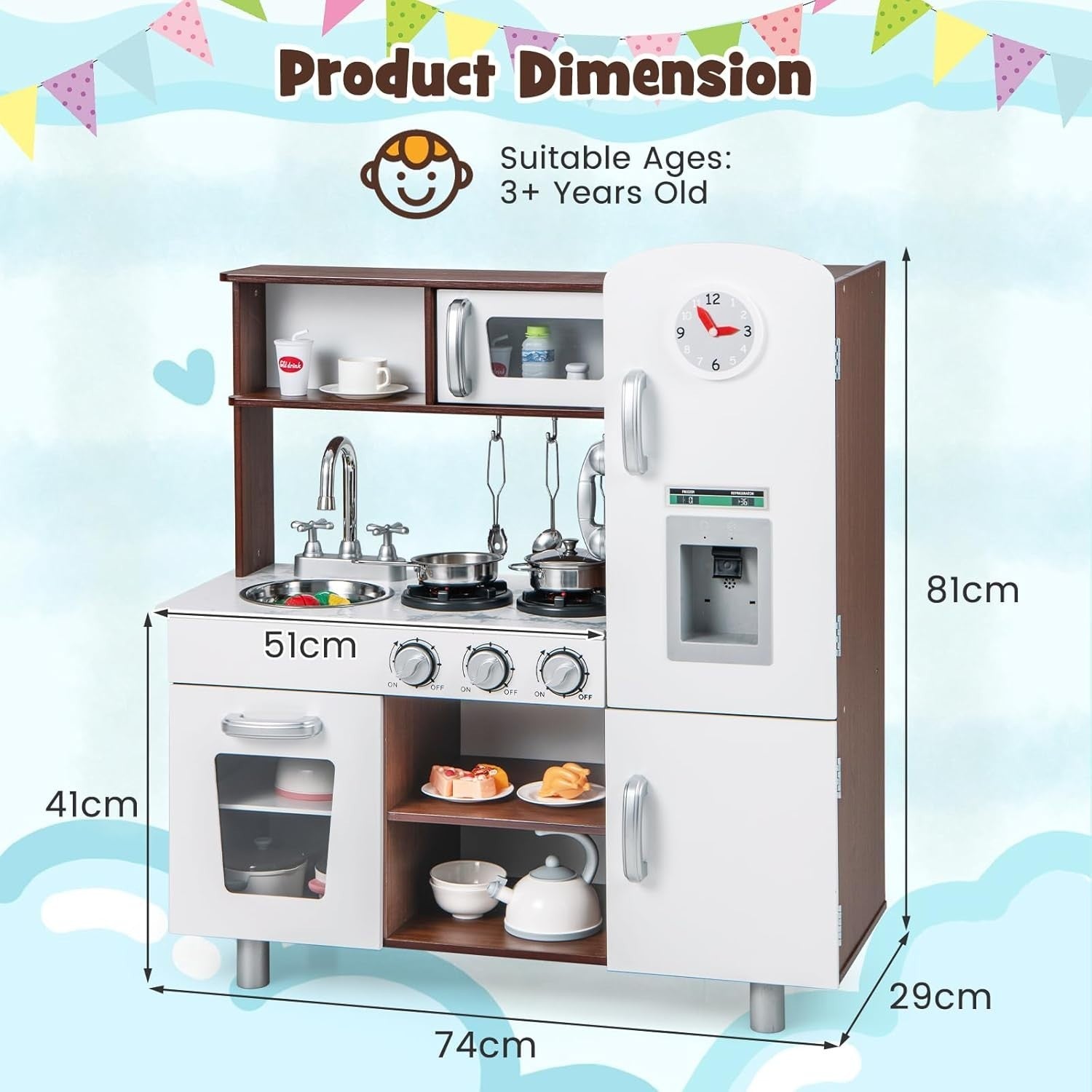 Wooden Kids Play Kitchen Set Light Sound Toy Cooking Role Play Brown