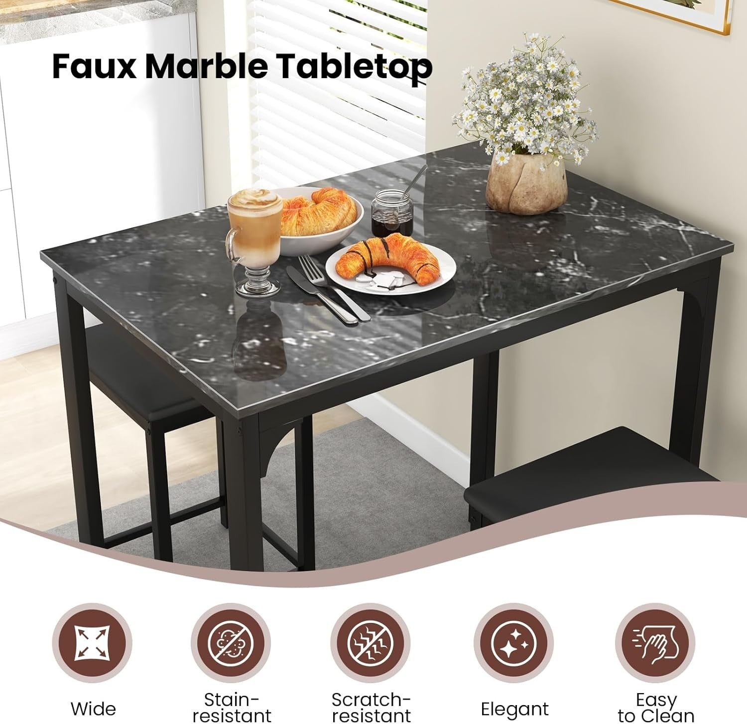 3-Piece Bar Table Set with Marble Top & 2 Stools Space-Saving Dining Black