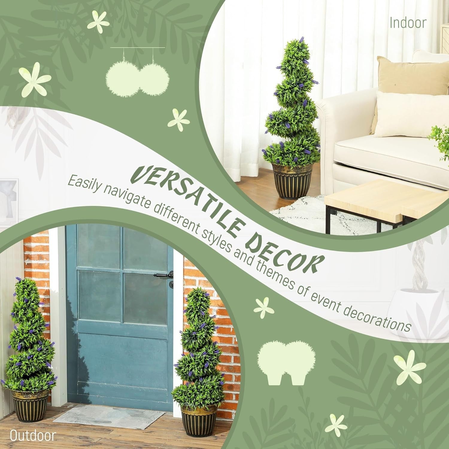 Set of 2 90cm Spiral Boxwood Topiary Trees with Lavender Faux Plants Home Decor