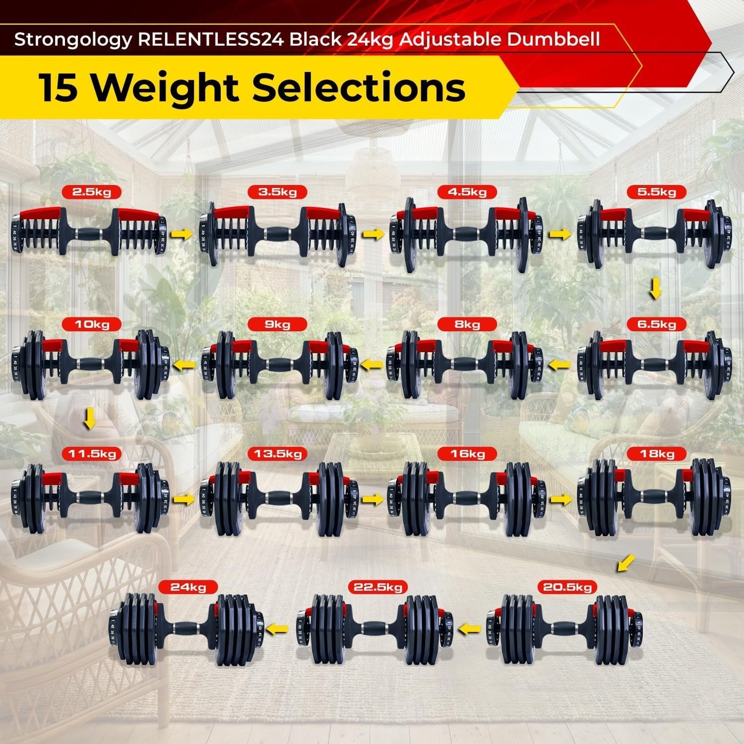 Urban24 Adjustable Dumbbells Pair 2.5–24KG Quick Select Home Gym Weights