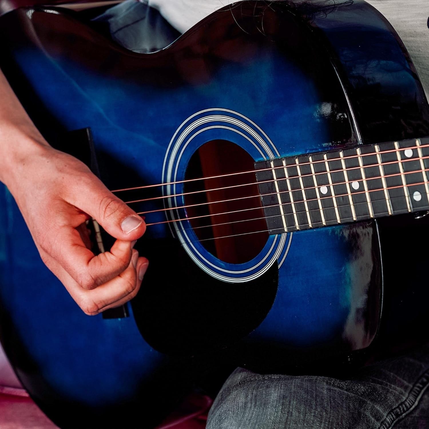 Full Size 4/4 Acoustic Guitar Starter Pack Blue w Stand & Lessons