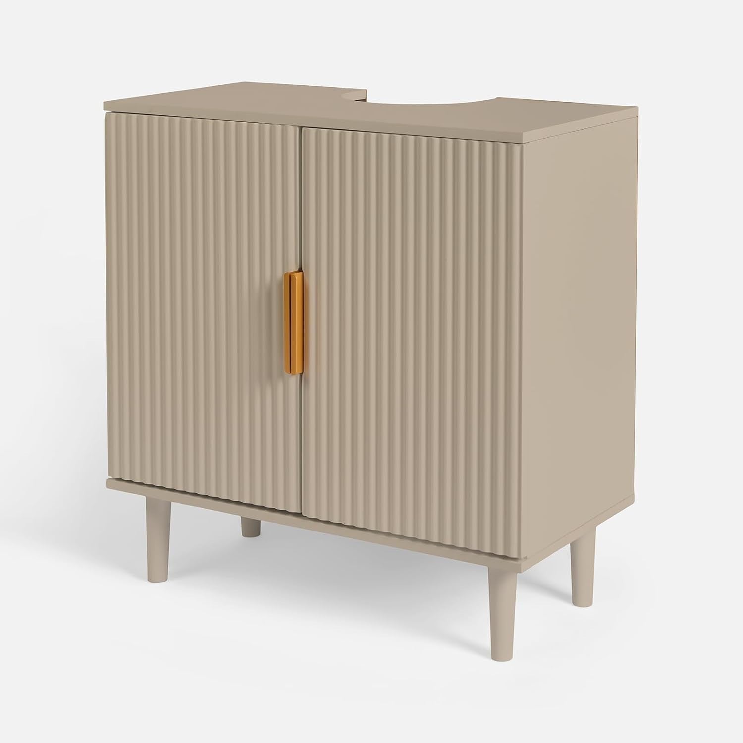 Taupe Under Sink Bathroom Cabinet Ribbed 2 Door Storage Cupboard 60x30x61cm