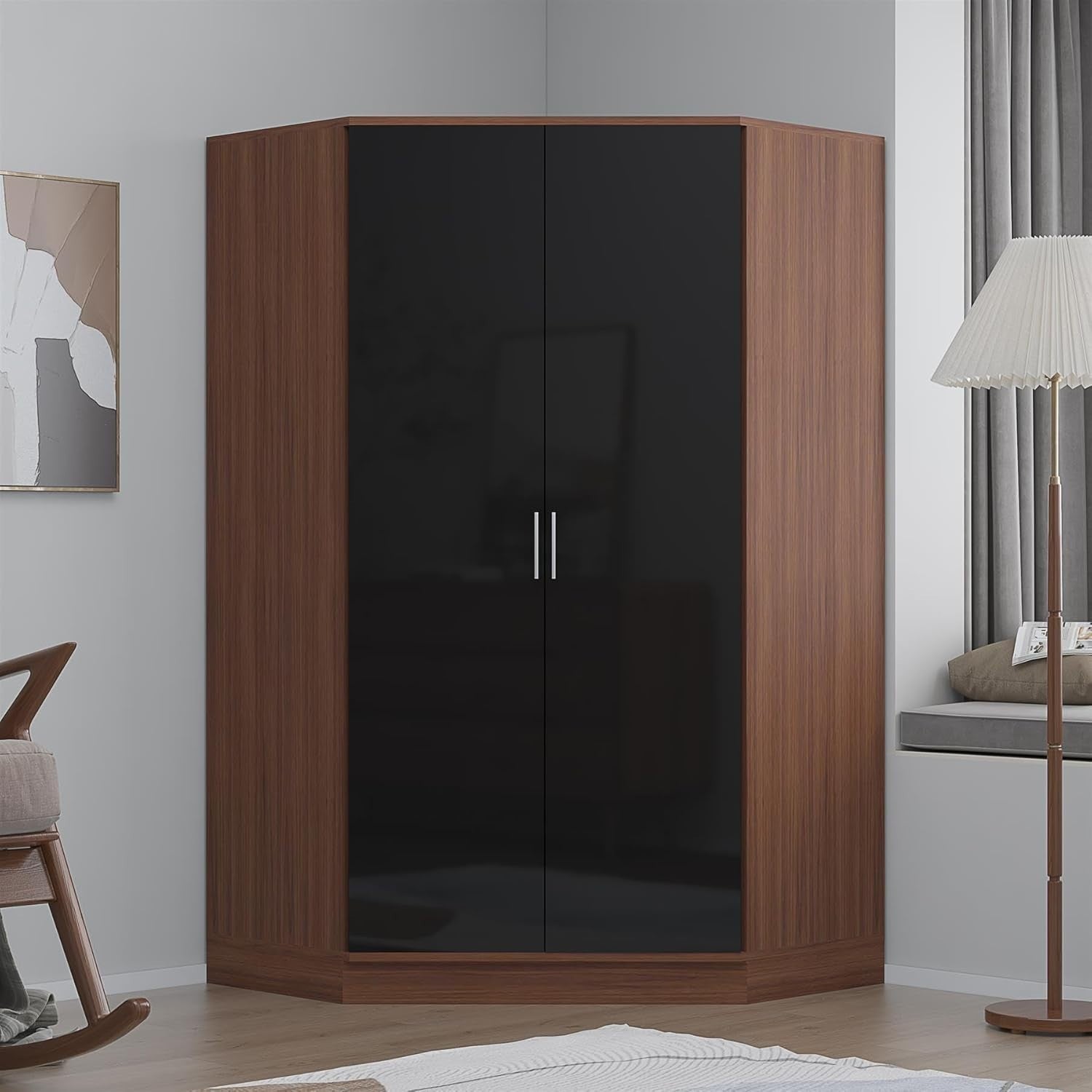 Modern Corner Wardrobe with Black Gloss & Walnut | 2 Doors, 8 Shelves & Rails