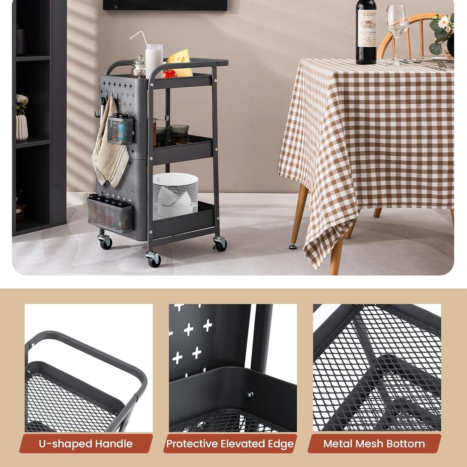 3 Tier Rolling Utility Cart Metal Storage Trolley Pegboard Organizer Grey