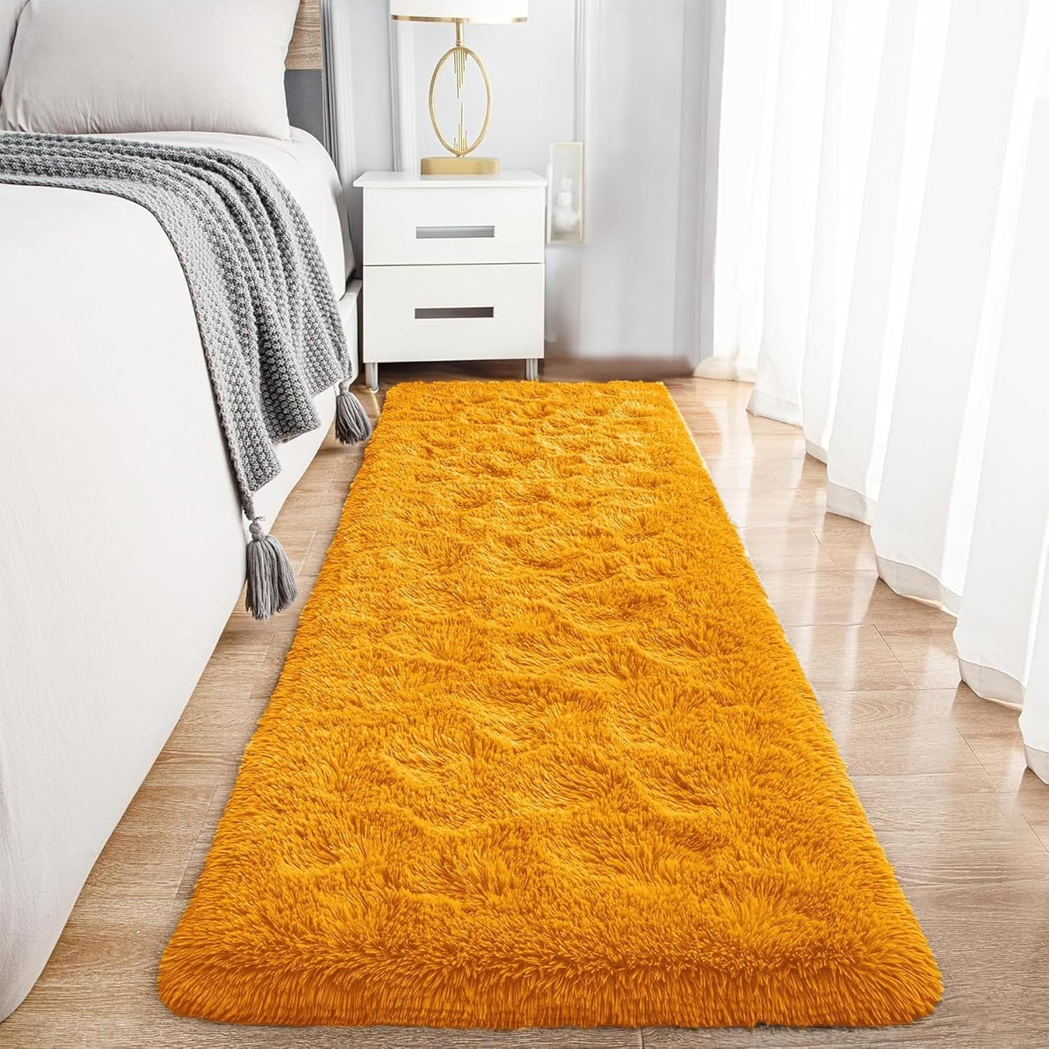 Ochre Hallway Runner Rug 80x300cm Fluffy Thick Pile Non Slip Shaggy Carpet
