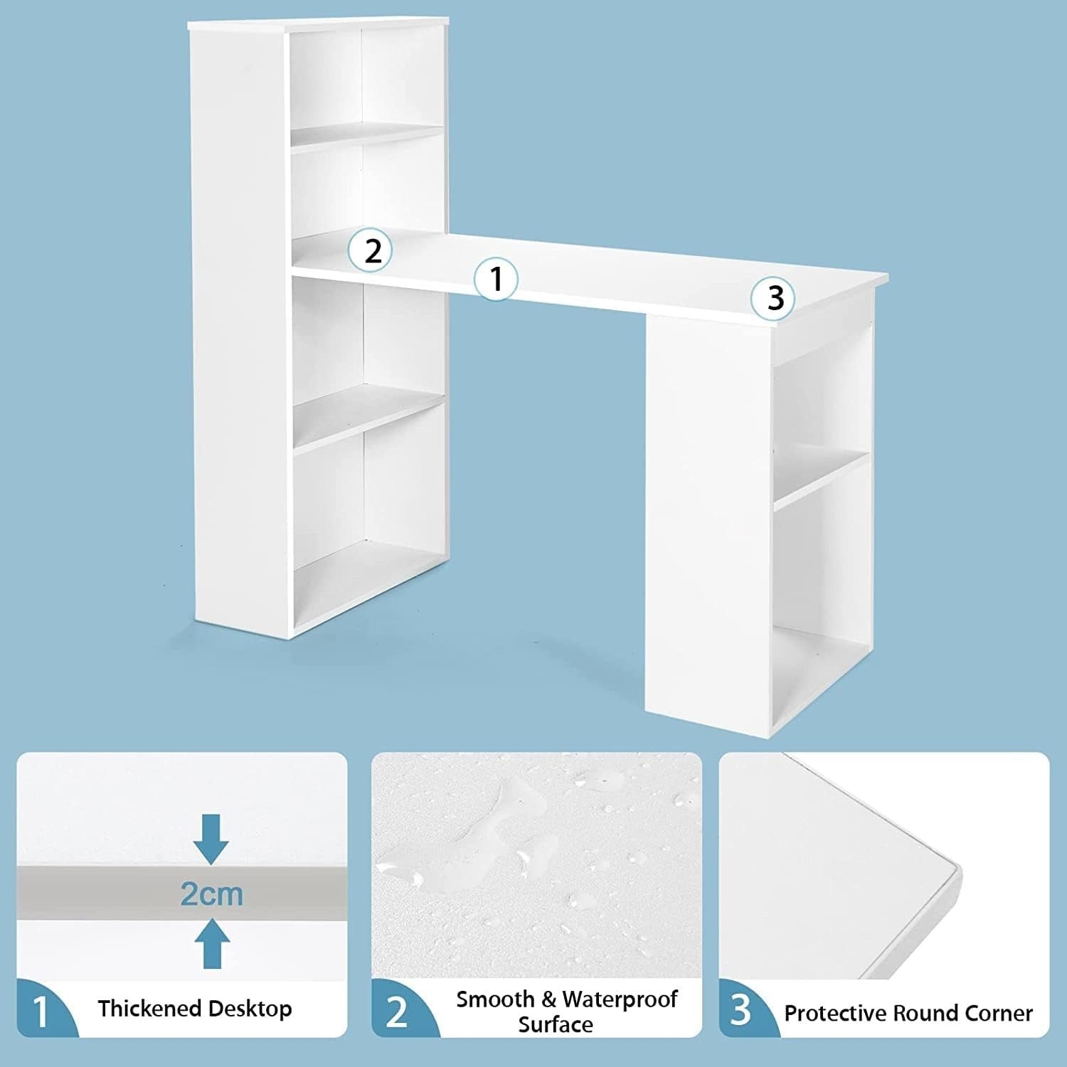 122x52x120cm White Office Desk with Bookshelf & Storage Shelves