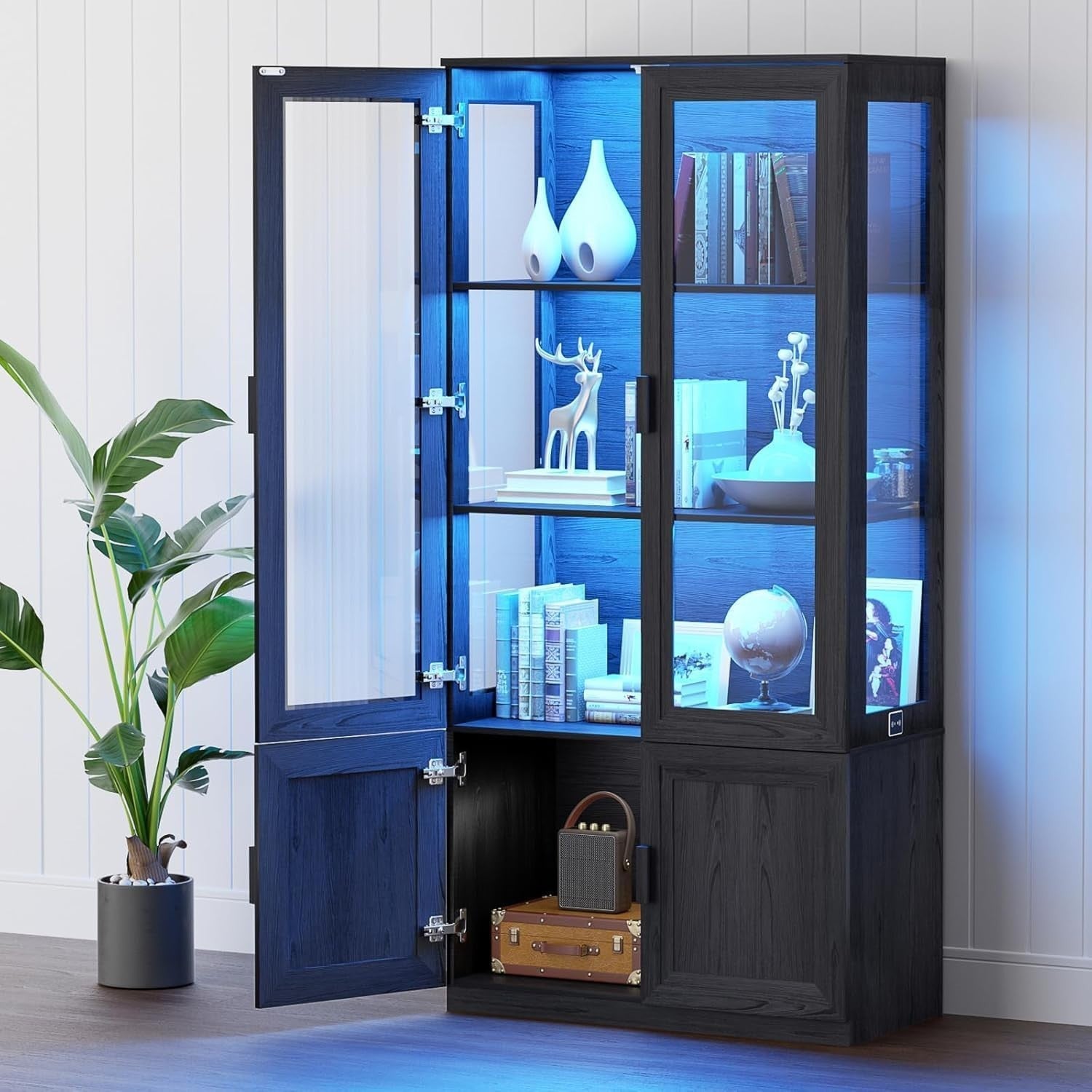 Glass Display Cabinet w/ Lights, Lockable Doors, 3-Tier Storage Unit