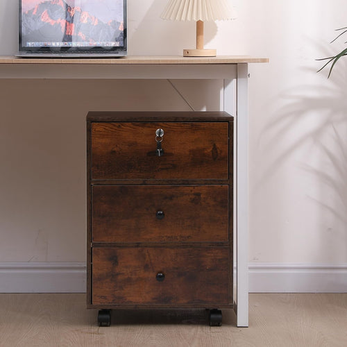 Dark Walnut Rolling Lockable 3 Drawer Under Desk File Storage Unit