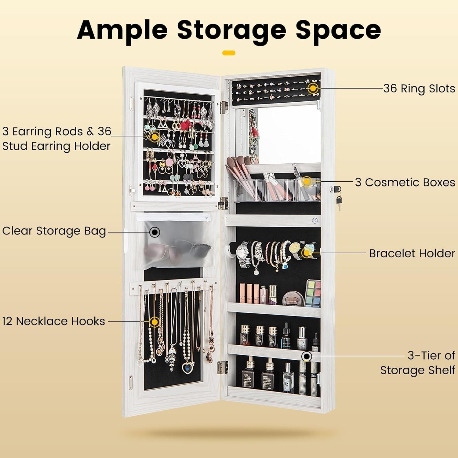 White LED Wall Mounted Jewelry Cabinet Mirror Lockable 3-Color Light